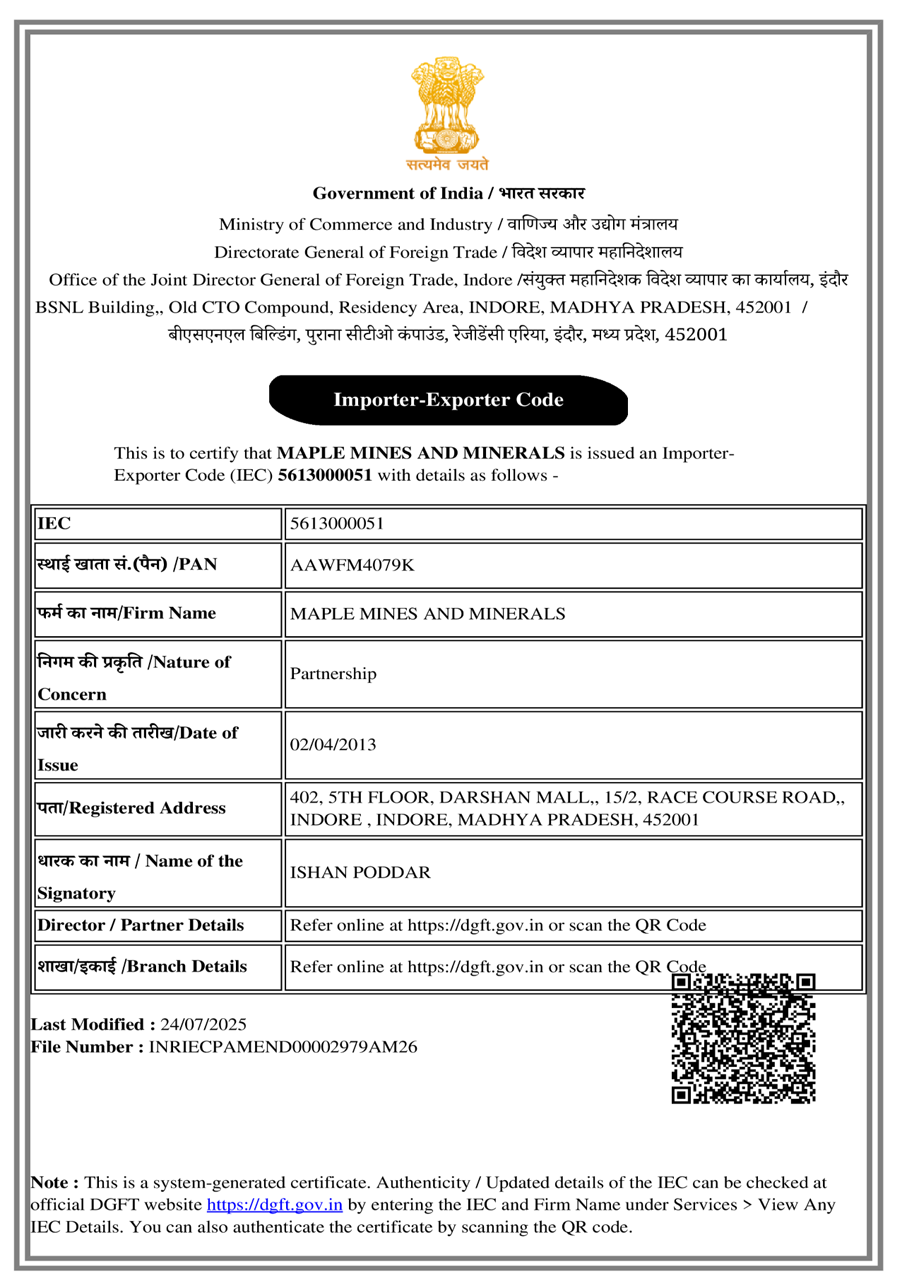 IEC Certificate Maple Mines & Minerals